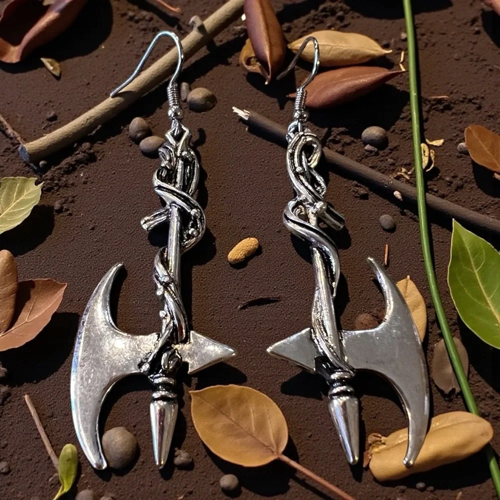 Silver Toned Battle Axe Earrings